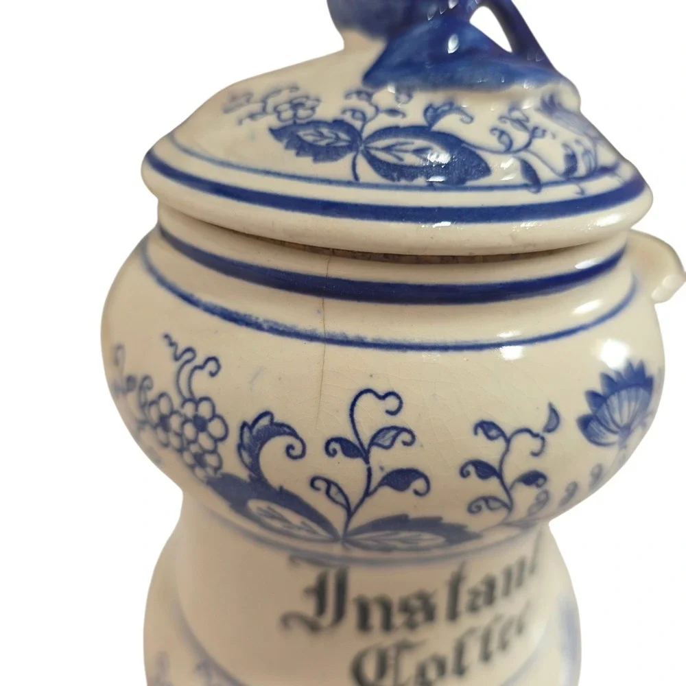 Vintage Blue White Delft Style Instant Coffee Canister Jar Ceramic Lid Crock